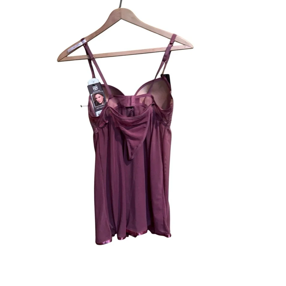 Daisy Fuentes Flirty‎ Babydoll Set Mauvewood Lace Push-Up Lingerie w/ Thong Med
